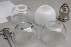 Comparaison de quatre finitions de bords d’abat-jour en verre sur un établi d’ingénierie