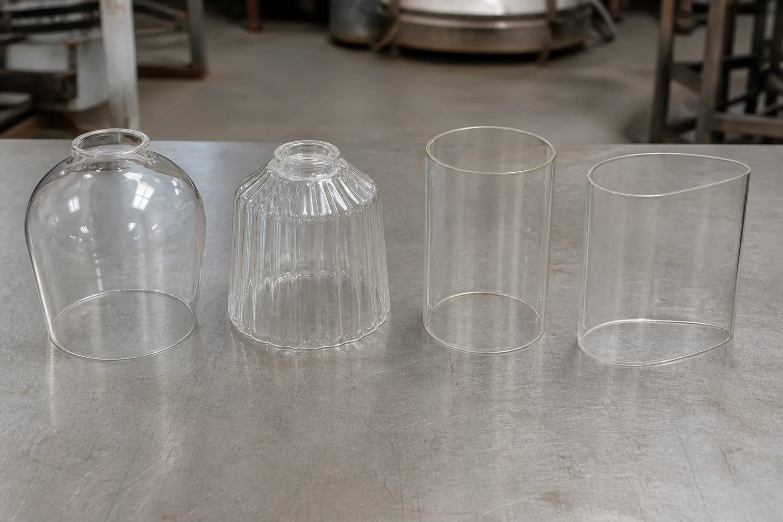 Four glass lamp shade samples representing different forming methods
