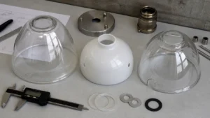 Abat-jour en verre sur mesure avec ouvertures centrales, trous latéraux et découpes pour câble sur un établi d’ingénierie