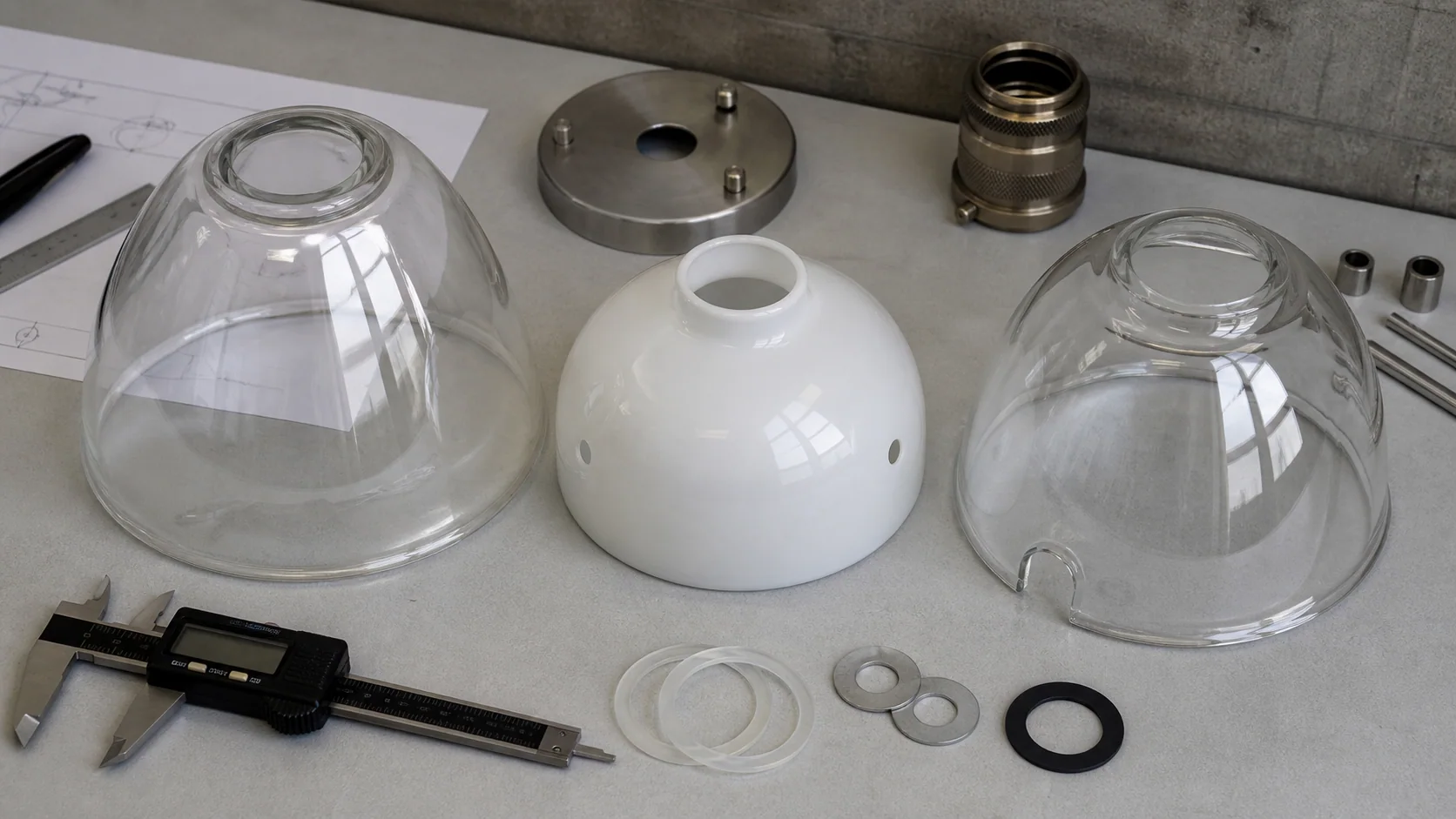 Abat-jour en verre sur mesure avec ouvertures centrales, trous latéraux et découpes pour câble sur un établi d’ingénierie