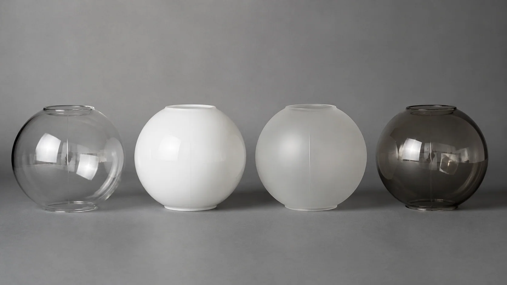 Versions claire, opale, satinée et gris fumé d’un même globe moulé sous un éclairage latéral identique