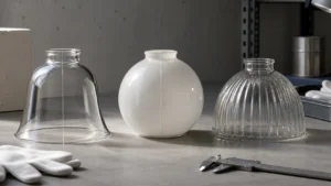 Abat-jour en verre transparent, opale et nervuré moulé inspectés pour détecter de subtiles soudures verticales de moule