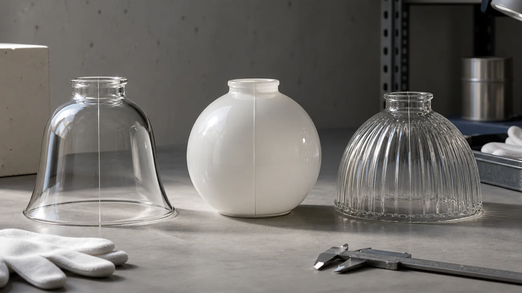 Abat-jour en verre transparent, opale et nervuré moulé inspectés pour détecter de subtiles soudures verticales de moule