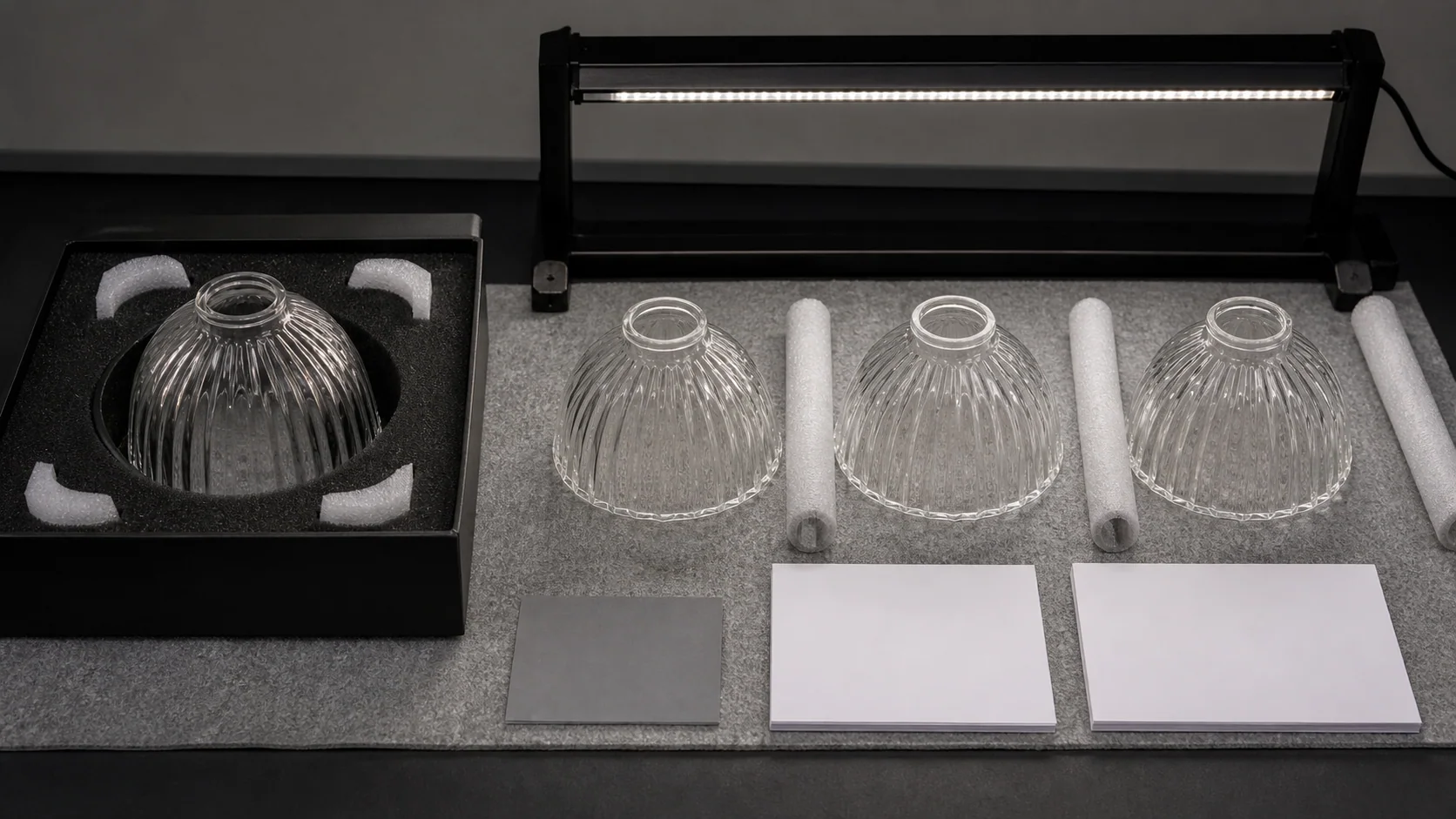 Échantillons maîtres approuvés et de production d’abat-jour en verre disposés dans un support de visualisation contrôlé