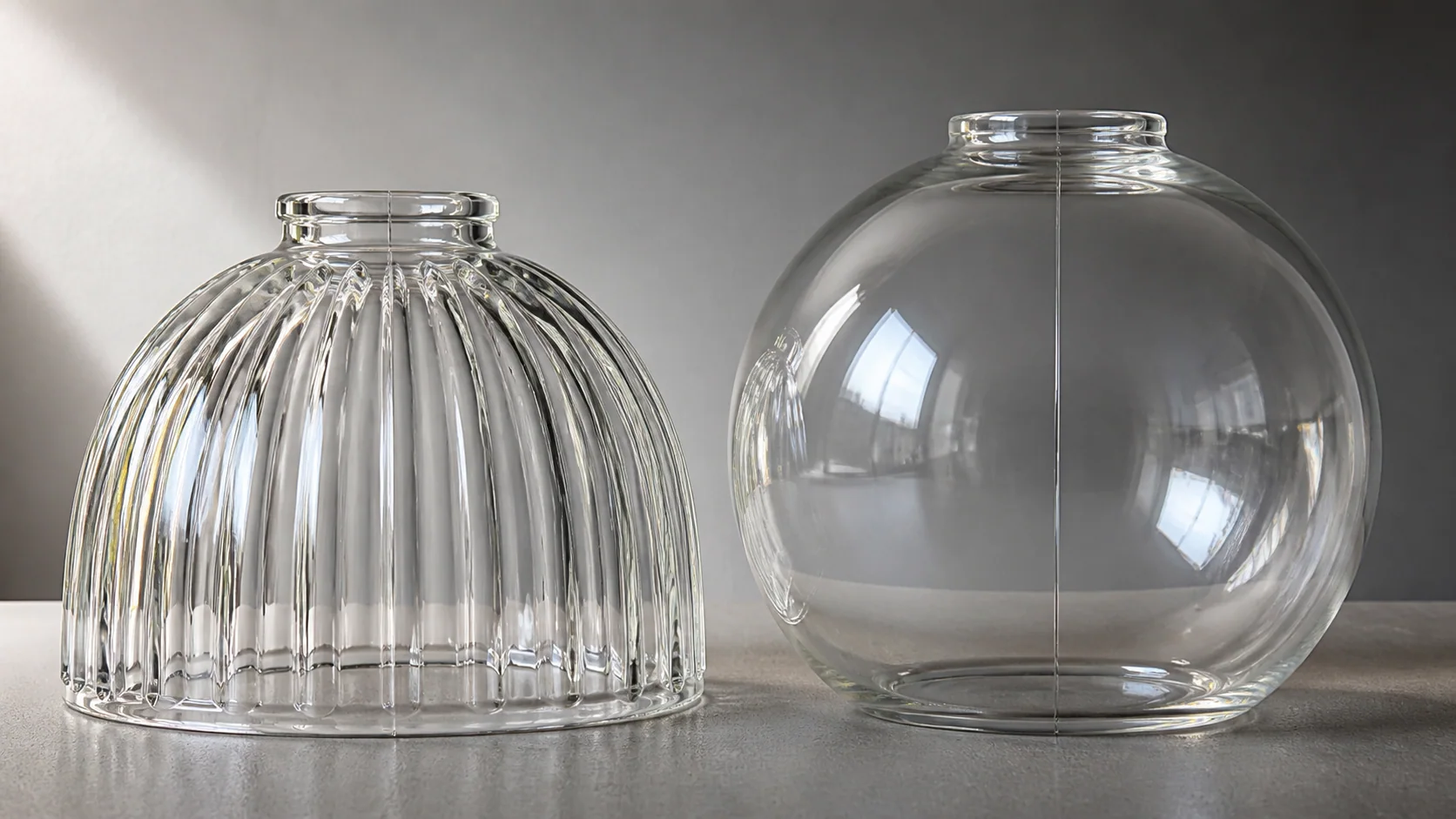 Échantillons de dôme en verre pressé et de globe soufflé-moulé montrant différentes apparences de joints verticaux