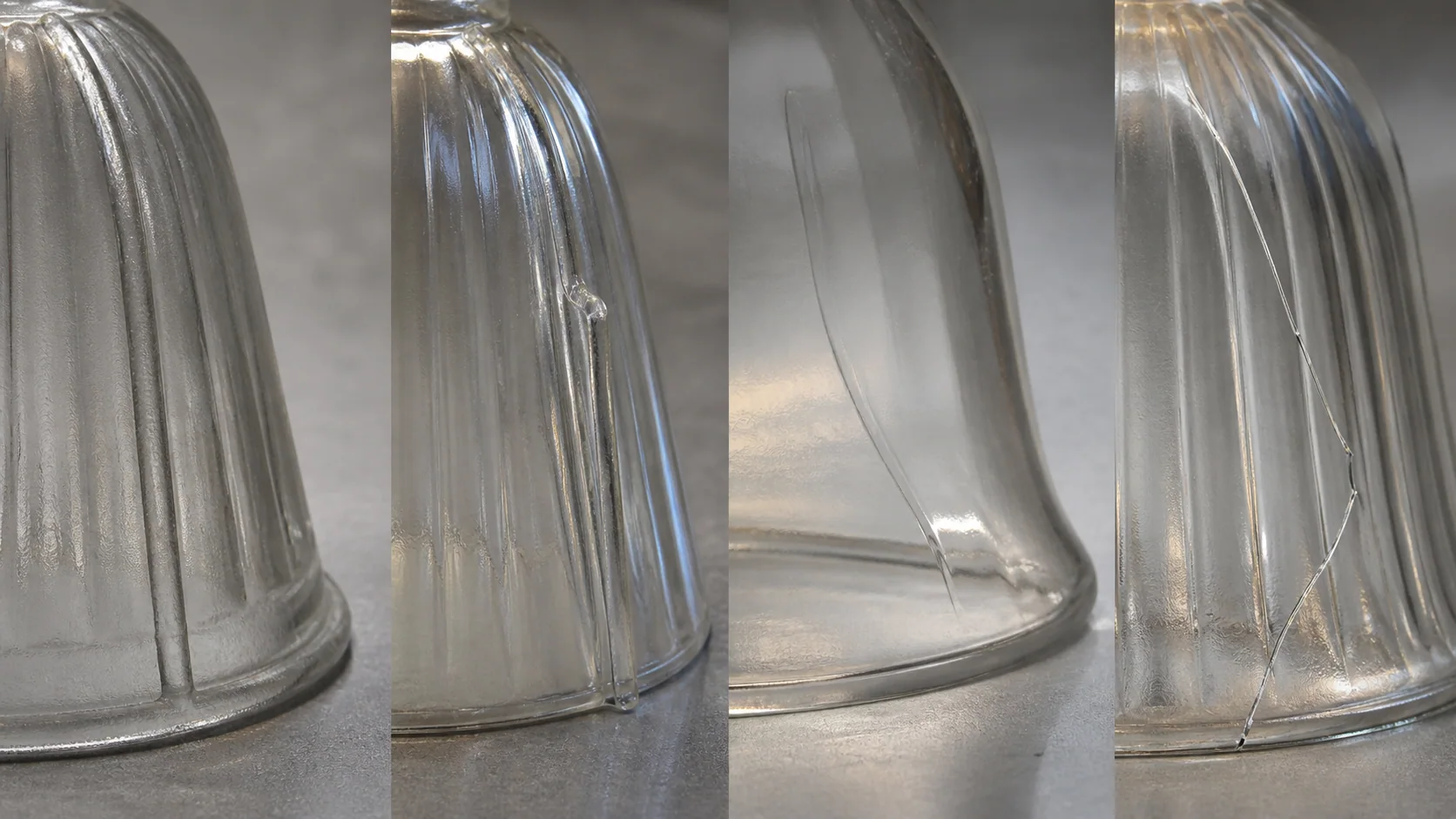 Comparaison macro d’une ligne de joint de moule, d’une bavure, d’une ligne de flux et d’un défaut ressemblant à une fissure sur des échantillons de verre