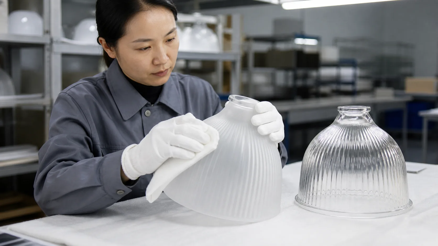 Technicien ganté essuyant une coupelle de lampe en verre givrée et nervurée avec un chiffon microfibre lors d’une inspection de nettoyage et de finition