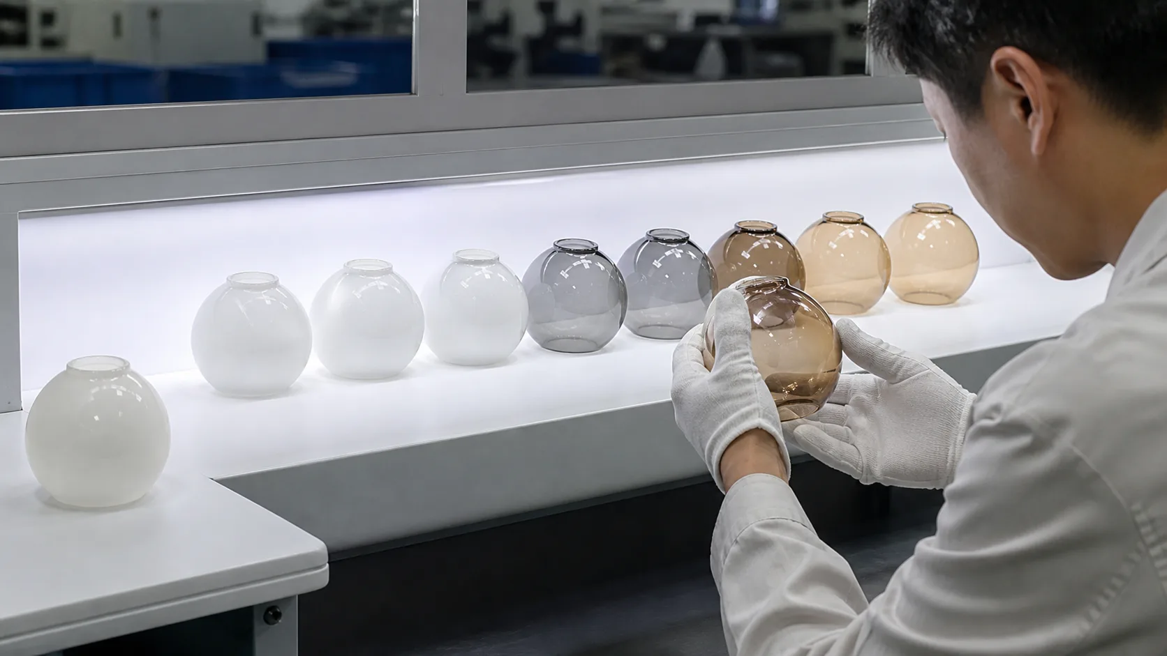 Rangée d’échantillons de verre opale, fumé et ambre sous une lumière neutre contrôlée tandis qu’un inspecteur compare un échantillon maître