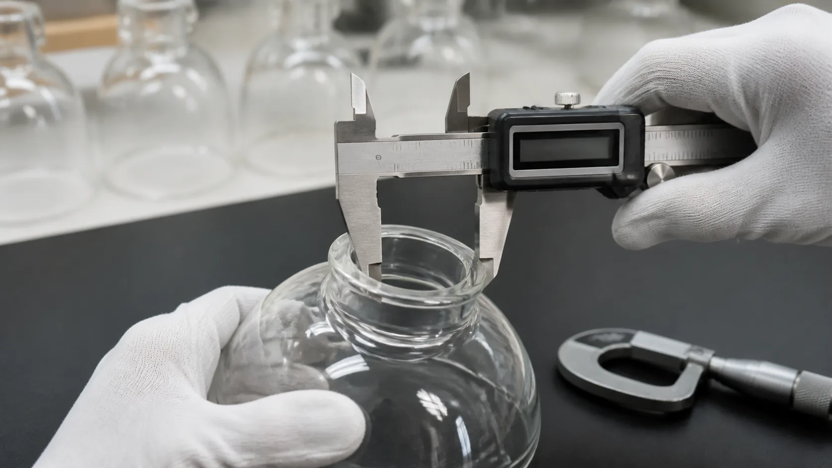 Pied à coulisse numérique mesurant le diamètre fini du support d’une coupelle de lampe en verre sur une surface d’inspection propre