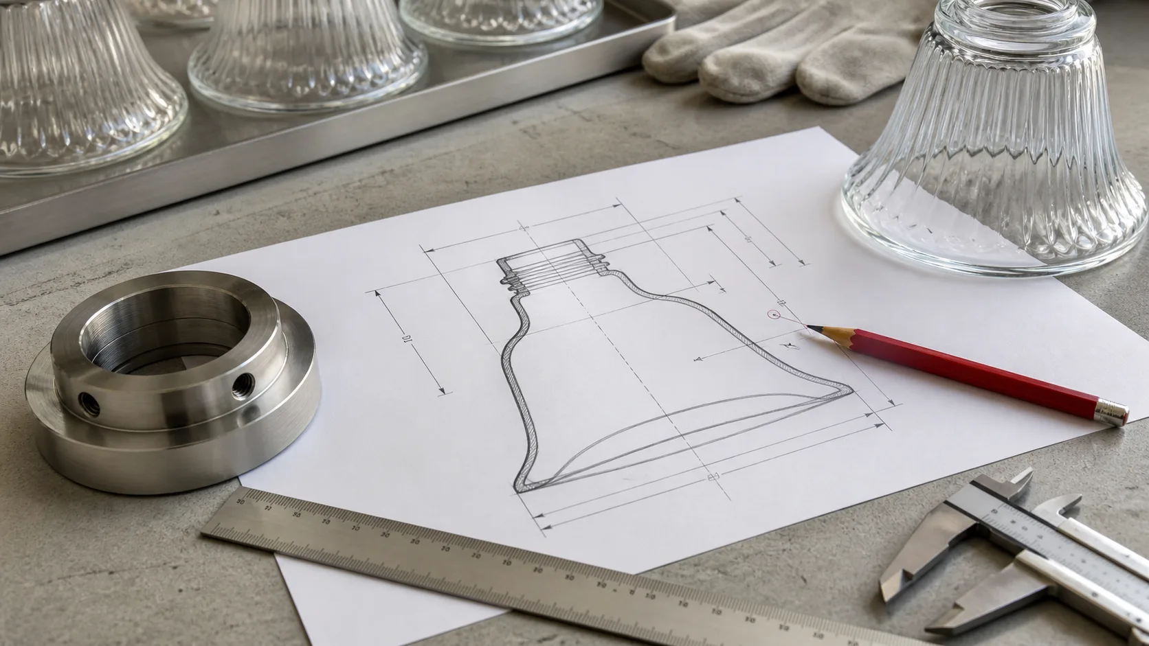 Examen sur table d’un dessin de profil de coupelle de verre dimensionné, échantillon de support métallique, règle et notes d’inspection marquées sans texte lisible