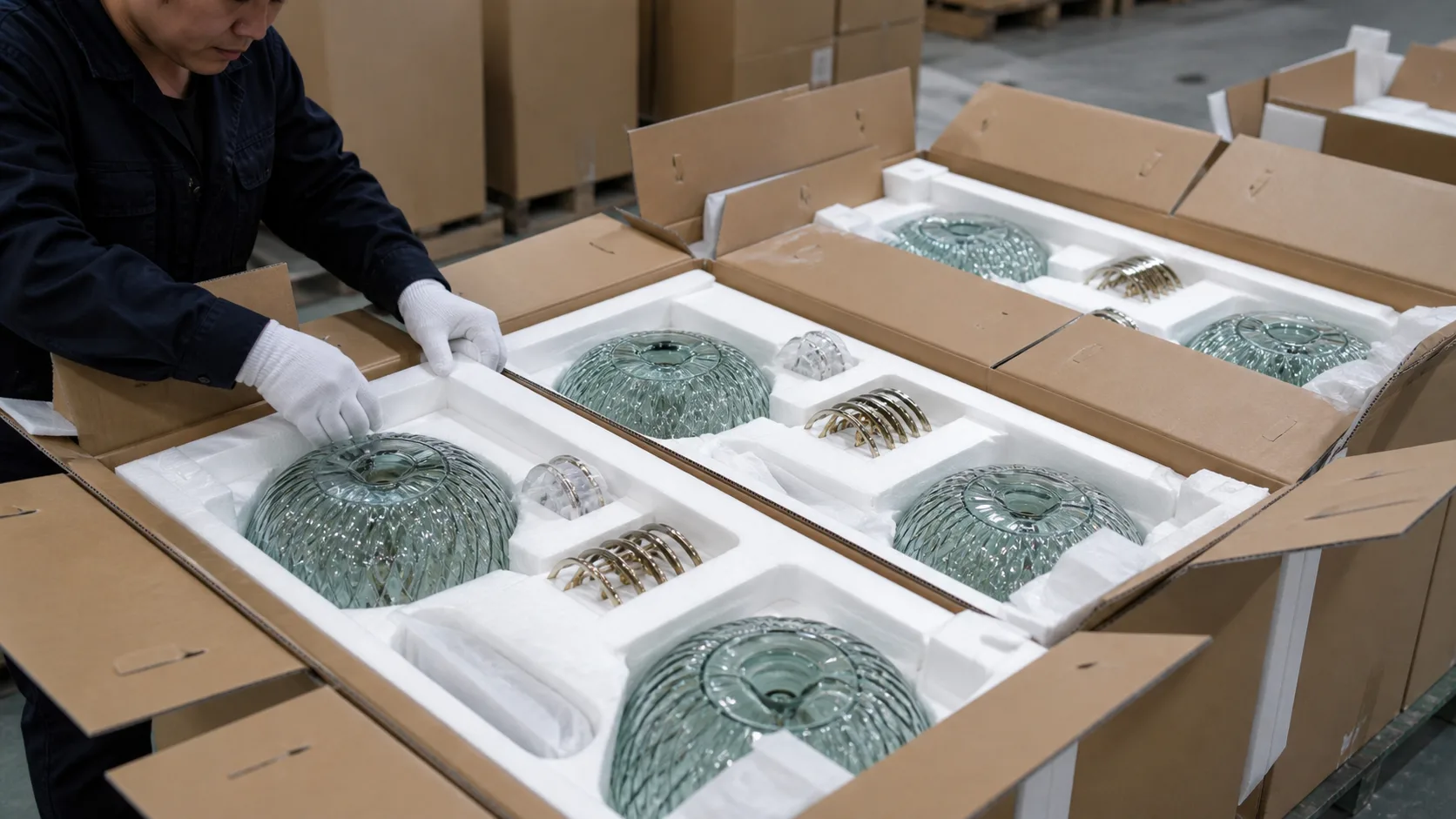 Insertions de protection moulées, protège-bords, quincaillerie séparée et coupelles de lampe en verre emballées prêtes à l’exportation
