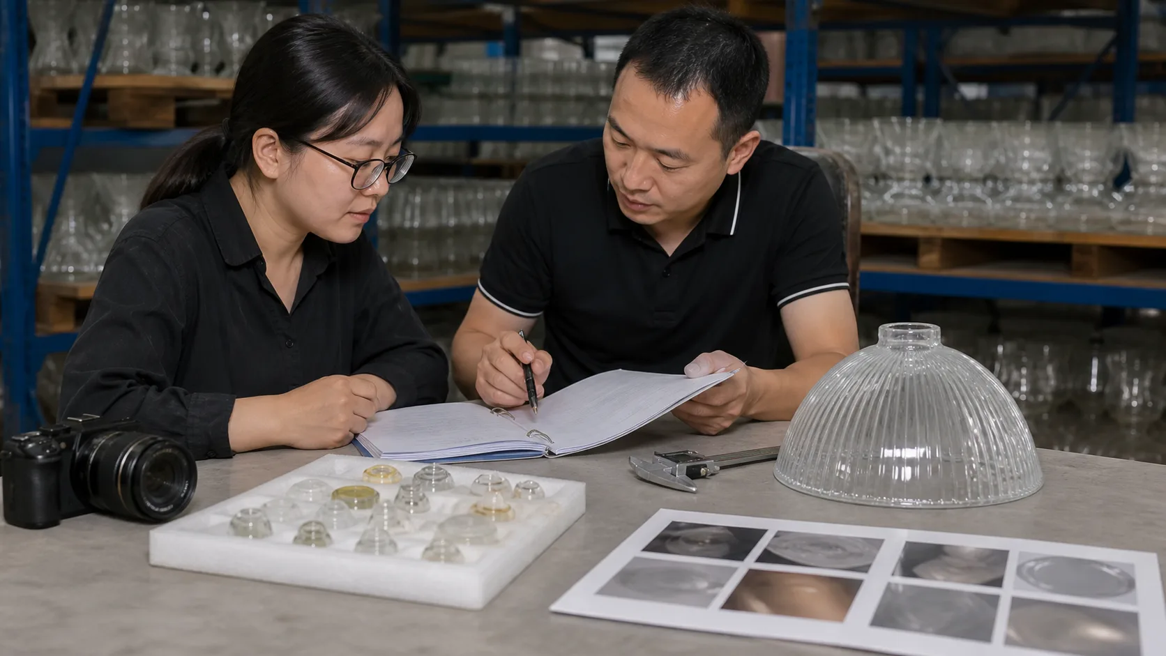 Acheteur et inspecteur QC examinant un dossier d’inspection, un échantillon de coupelle de verre approuvé, des outils de mesure, des photos et des preuves d’emballage