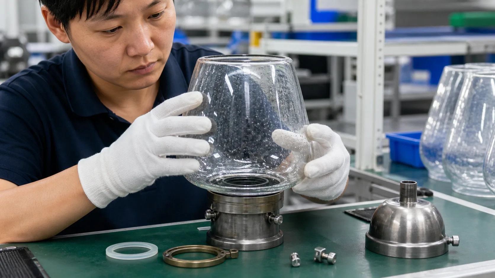 Coupelle de lampe en verre assemblée avec un support métallique, un joint, une bague de retenue et une rondelle en silicone tandis qu’un inspecteur vérifie l’assise et le dégagement