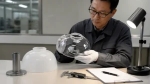Inspecteur qualité vérifiant un abat-jour en verre clair et opale avec un pied à coulisse numérique sur un établi propre d’usine