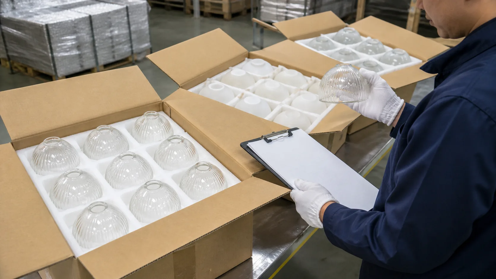 Arrivée d’un lot de coupelles de lampe en verre identiques dans des plateaux de protection, avec un inspecteur portant des gants vérifiant les cartons et l’identité des échantillons