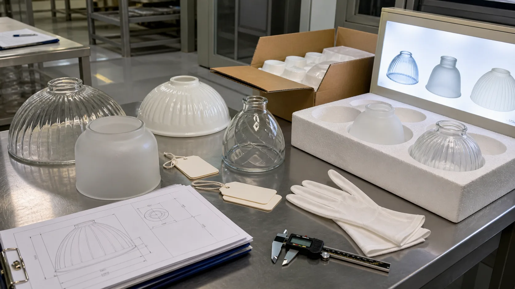 Tableau de contrôle qualité en usine avec abat-jours en verre, dossier de dessins, pieds à coulisse, étiquettes d’échantillons, boîte à lumière et emballage de protection