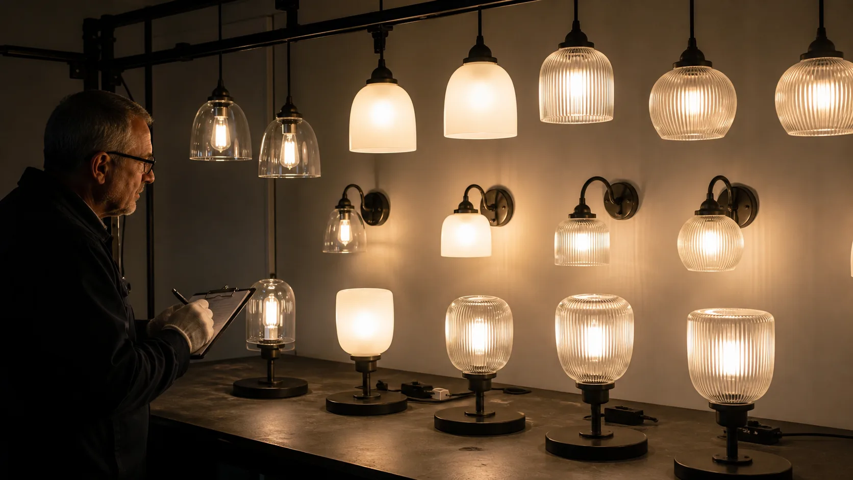 Échantillons de coupelles de lampe en verre pour suspension et mur assemblés et éclairés à une puissance identique dans une salle de test propre pour comparer la diffusion et l’éblouissement