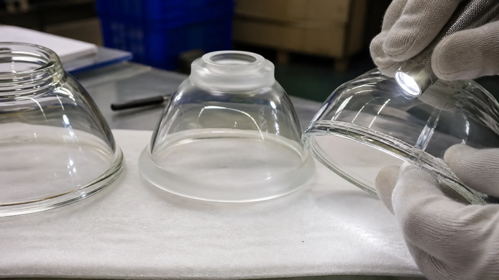 Gros plan sur le bord poli d’une coupelle de lampe en verre à côté de bords de référence meulés et chanfreinés sous un éclairage neutre de studio