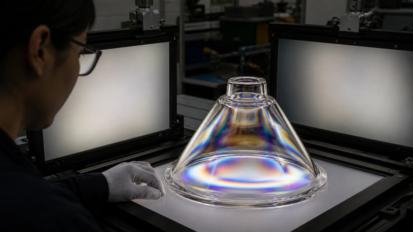 Coupelle de lampe en verre à côté d’un dispositif d’inspection de type polariscope avec lumière polarisée croisée révélant les motifs de contraintes internes