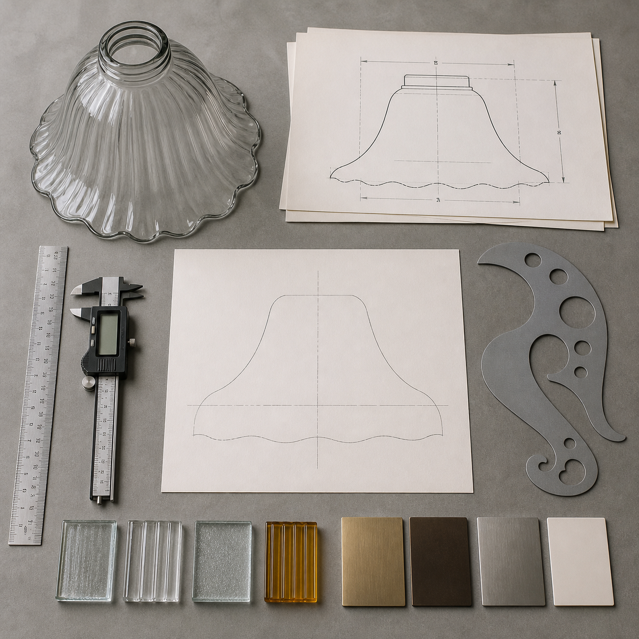 Dossier de devis descendant avec une silhouette de verrine en verre, un croquis papier, une règle, un pied à coulisse, un gabarit de courbe de profil et des échantillons de finition
