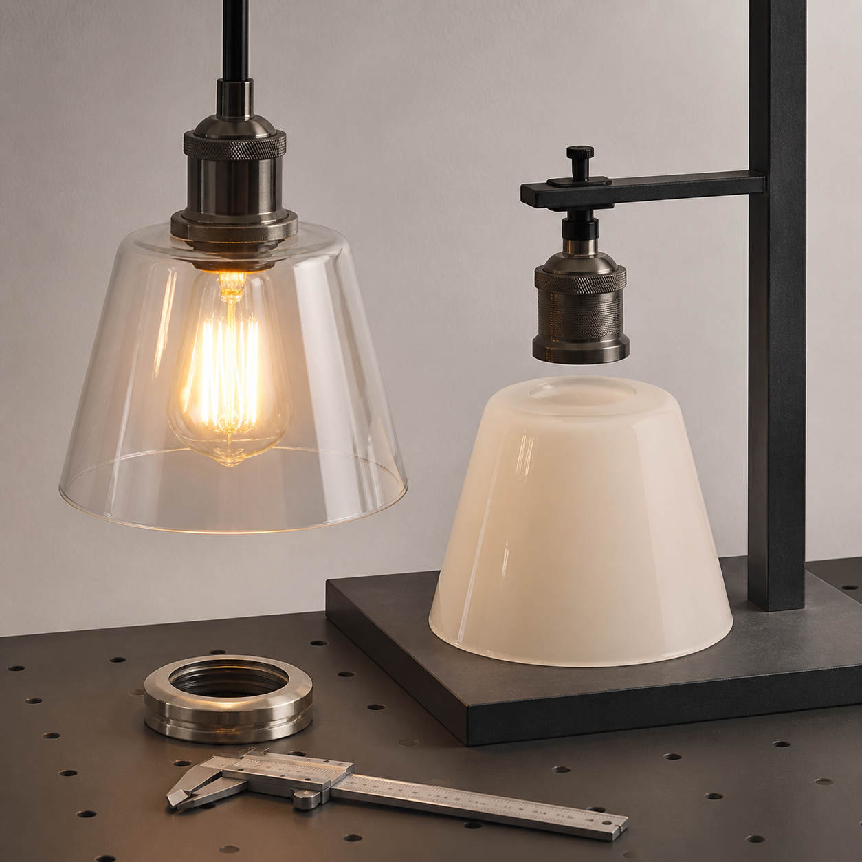 Abat-jour en verre installé sur une suspension à côté d’un second échantillon et d’une fixation métallique sur un banc d’essai pour comparaison d’ajustement