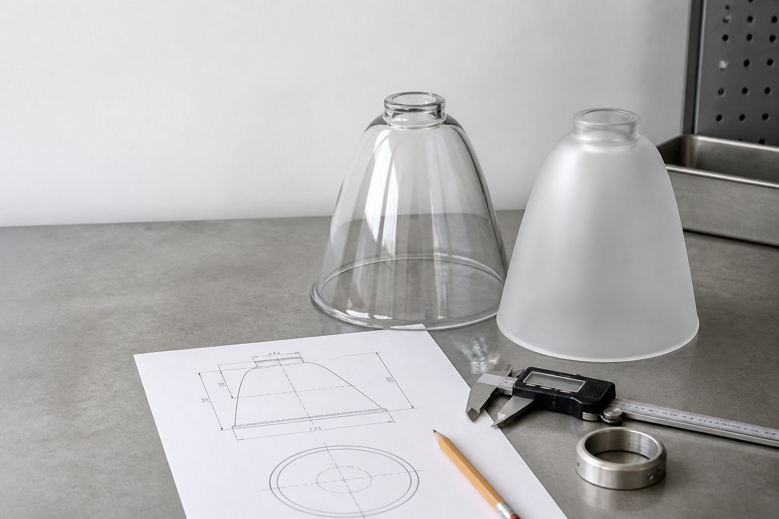 Une verrine personnalisée en verre clair et dépoli à côté d’un dessin coté, d’un pied à coulisse et d’un adaptateur métallique sur un établi d’ingénierie
