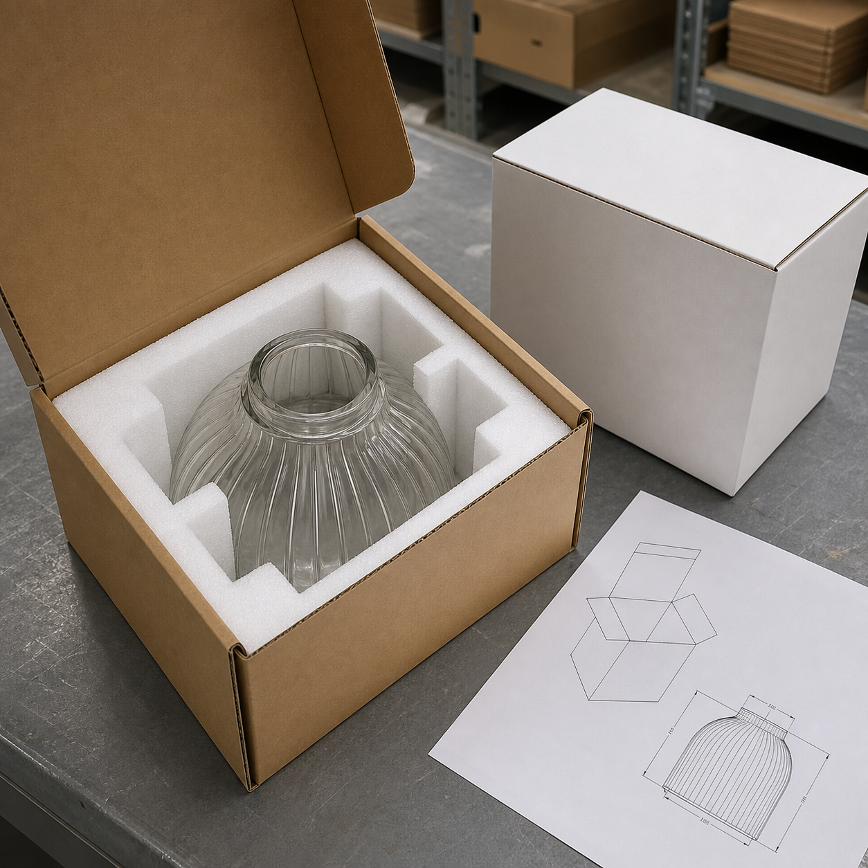Carton d’exportation ouvert avec une cavité en mousse sur mesure protégeant un abat-jour en verre à côté d’un croquis et d’un dessin d’emballage
