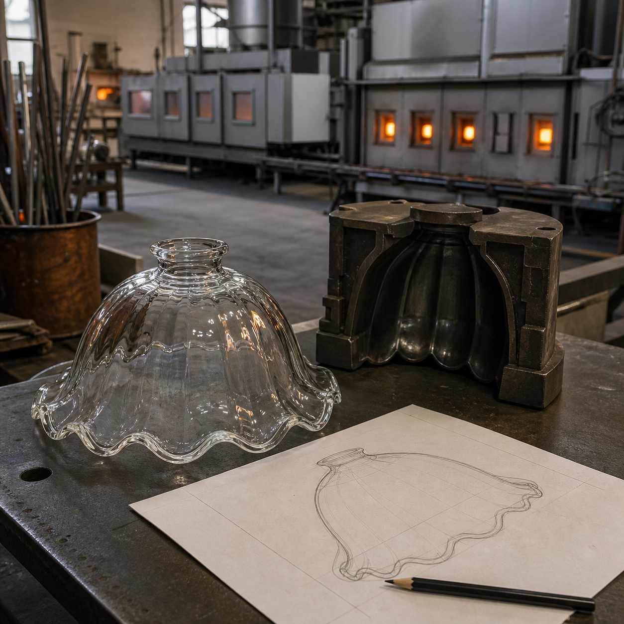 Scène de verrerie industrielle avec un abat-jour soufflé à la main, un moule en verre pressé, la silhouette d’un four de recuisson et une feuille de dessin technique au premier plan