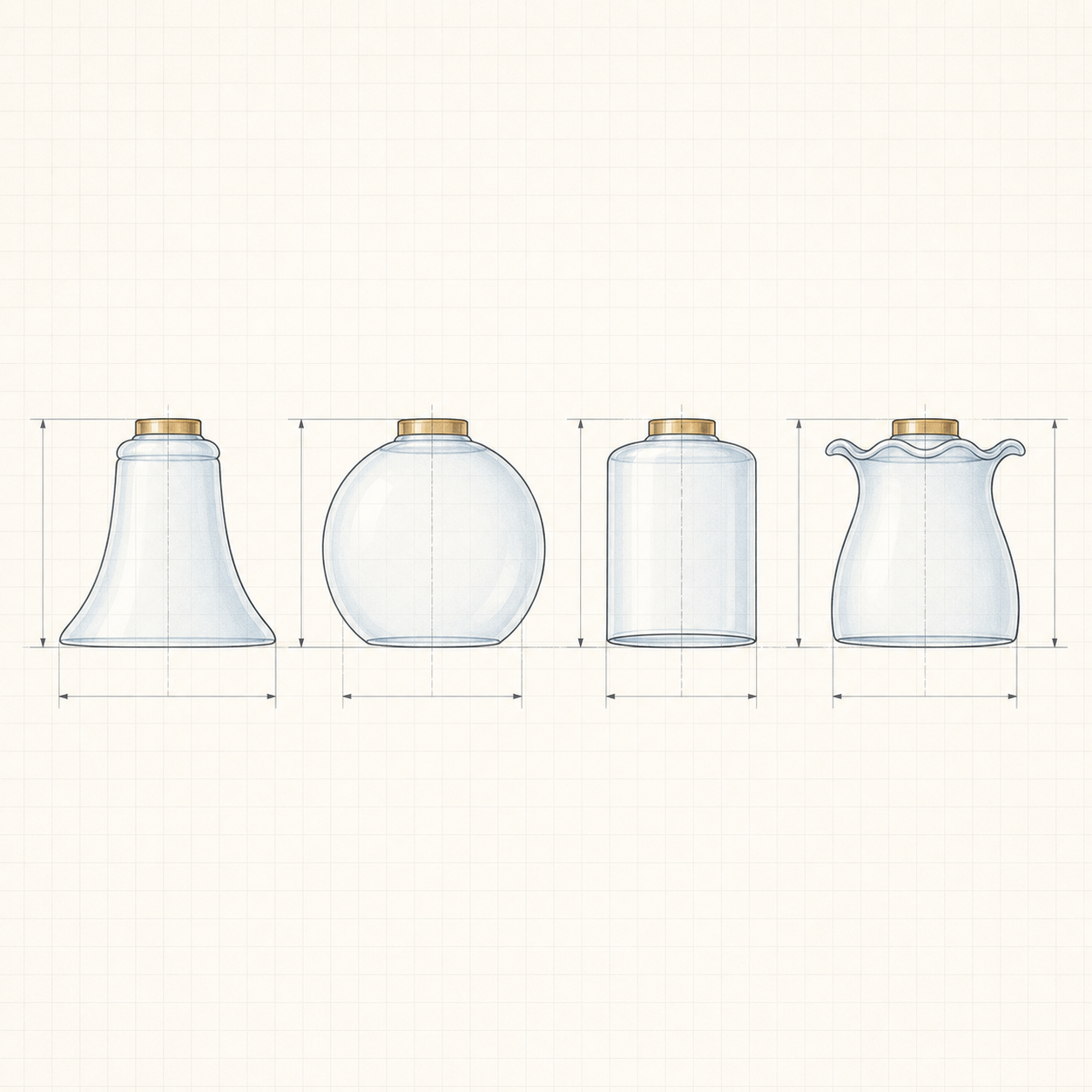 Illustration technique en studio des profils d’abat-jour en verre cloche, globe, cylindre et tulipe alignés avec des flèches de dimensions nettes et sans étiquettes