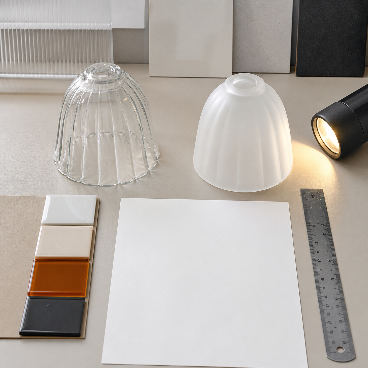 Table de revue de conception neutre avec deux échantillons d’abat-jour en verre, des échantillons de finition, une feuille d’approbation vierge, une règle et une lampe d’inspection
