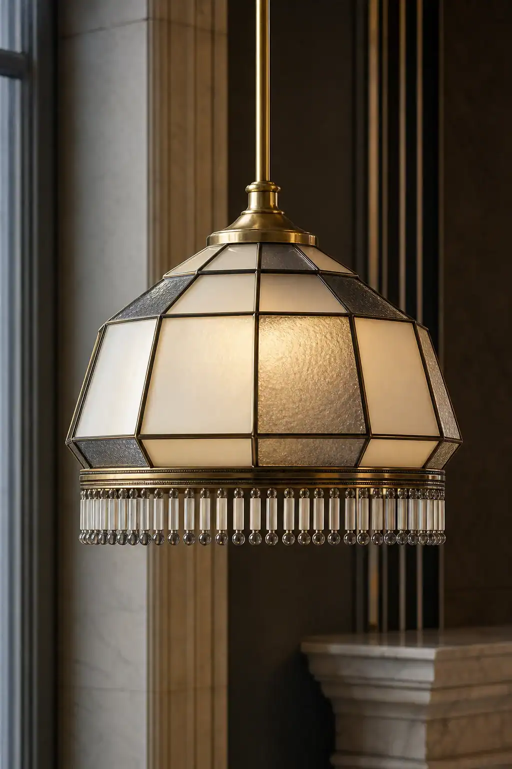 Stylish stained glass pendant lampshade with gold accents and crystal fringe.