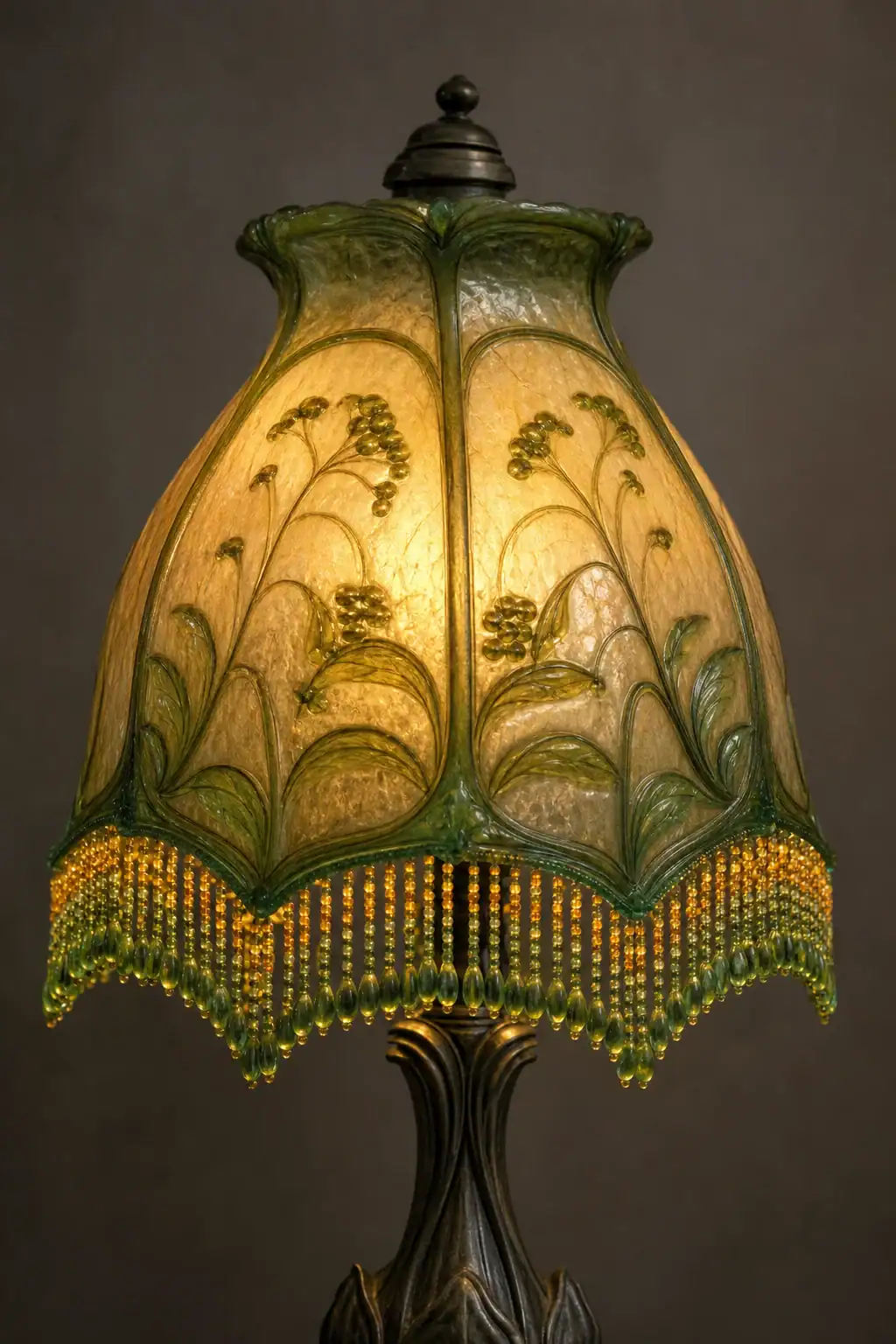 Elegant glass lampshade with floral design and beaded trim for home decor.