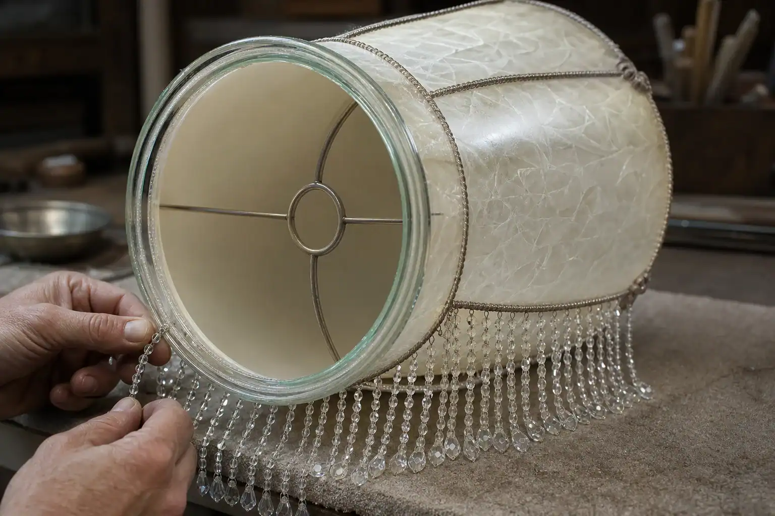 Handcrafting a glass lampshade with decorative beads for lighting fixtures.