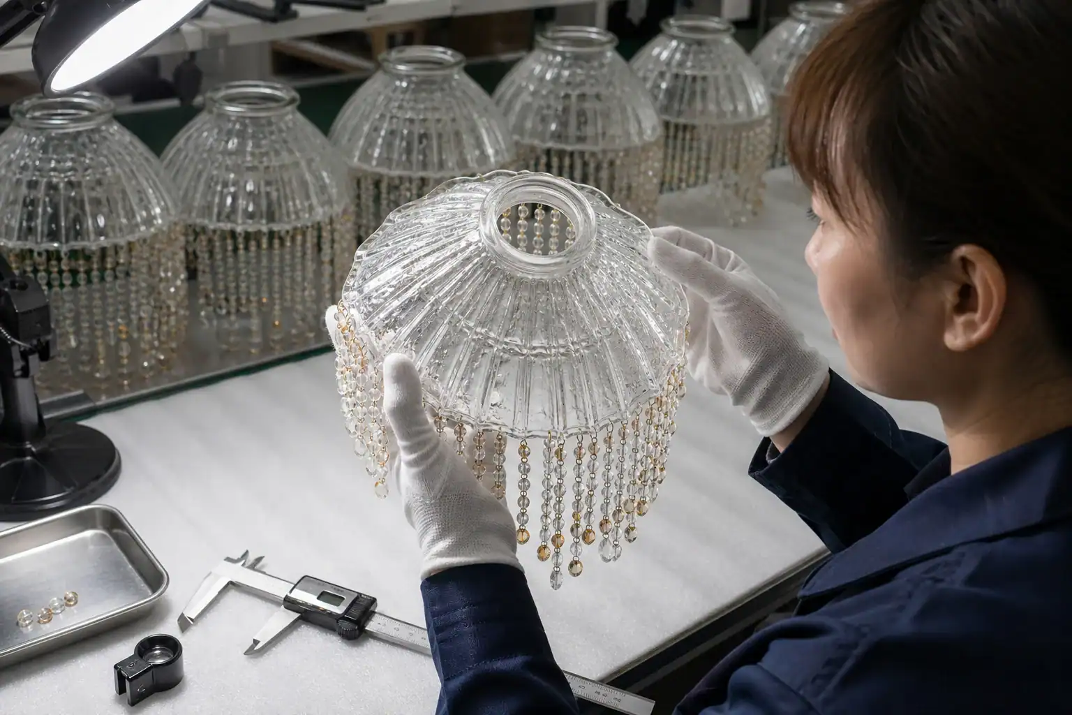 Woman inspecting a glass lampshade in a factory setting.