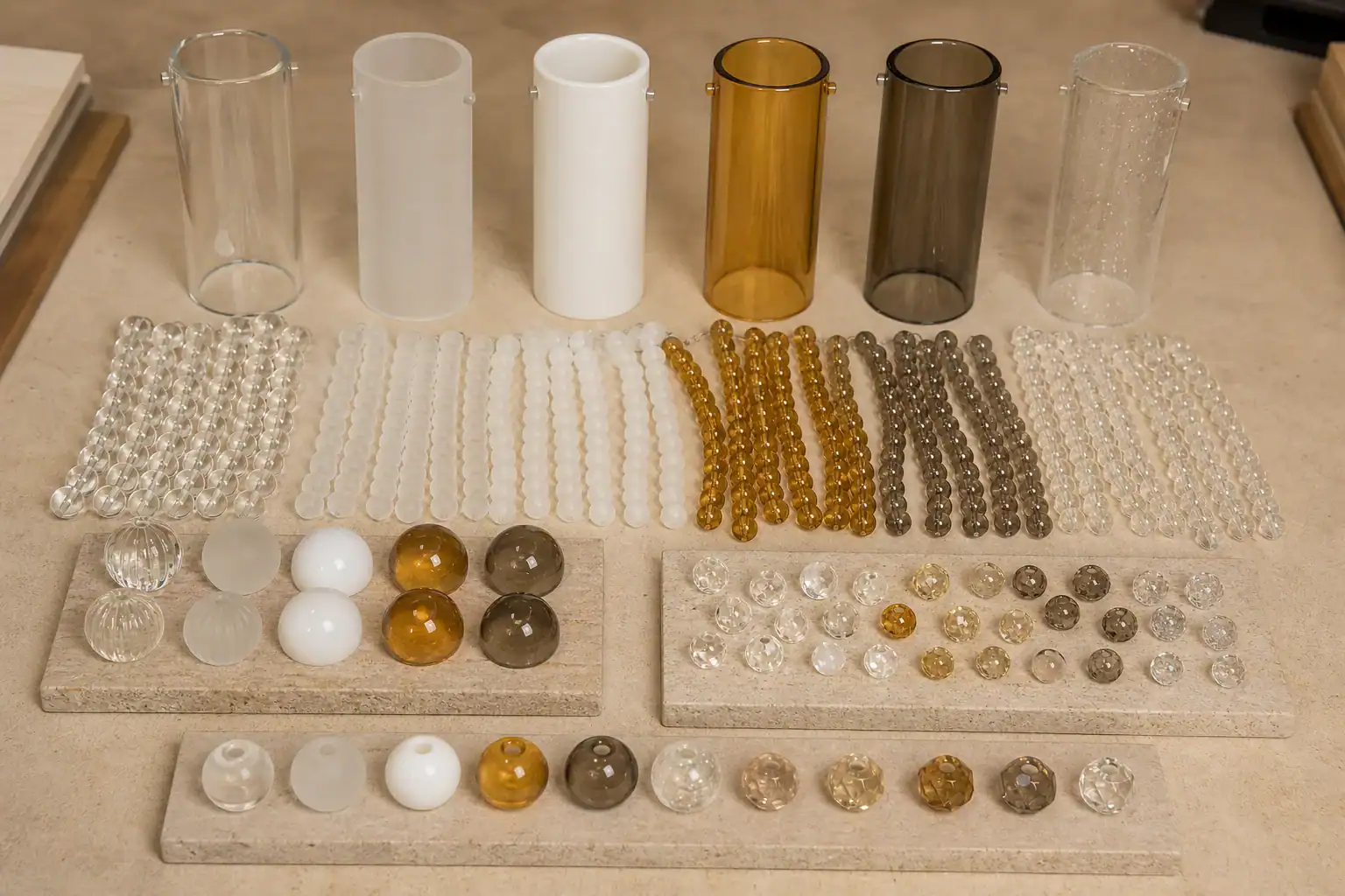 Various glass lampshade parts and decorative beads for custom lighting.