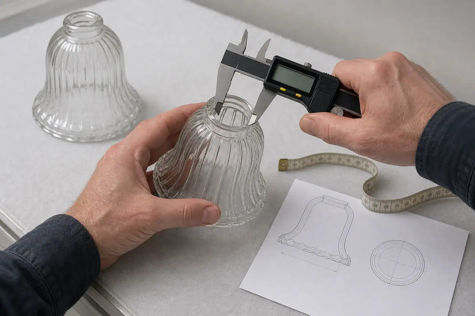 Measuring and inspecting glass lampshade for quality control.