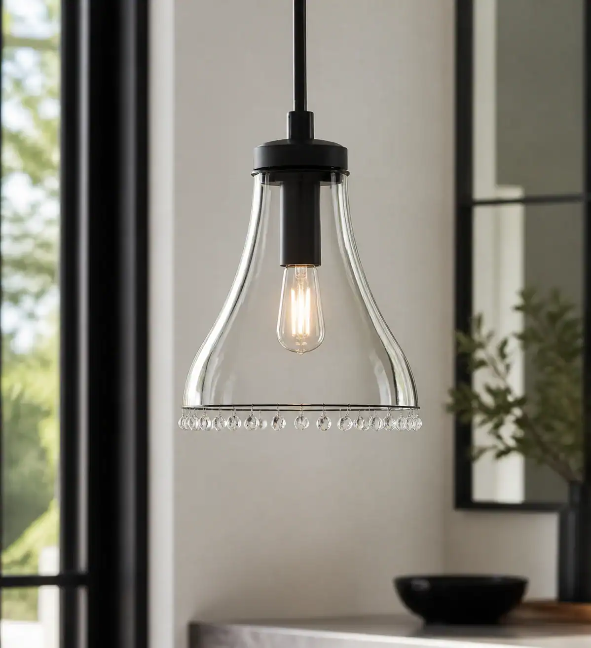 Elegant glass pendant lamp with vintage Edison bulb for modern interiors.