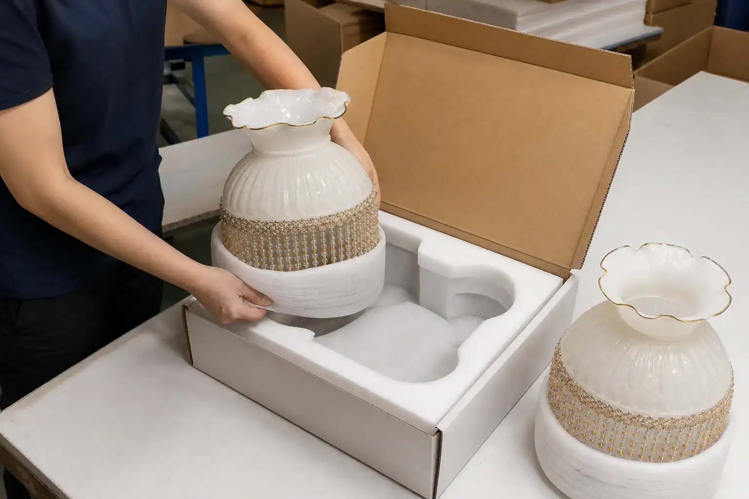 Handcrafted glass lampshades in packaging for shipment.