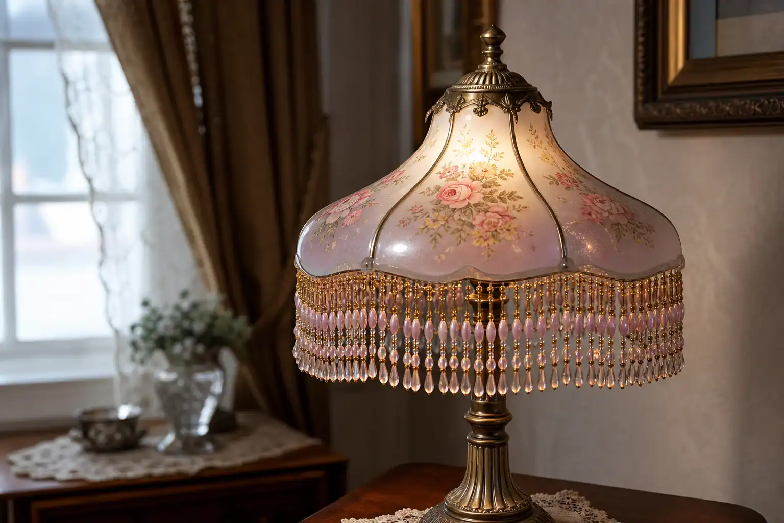 Decorative vintage glass lampshade with floral design and crystal fringe.
