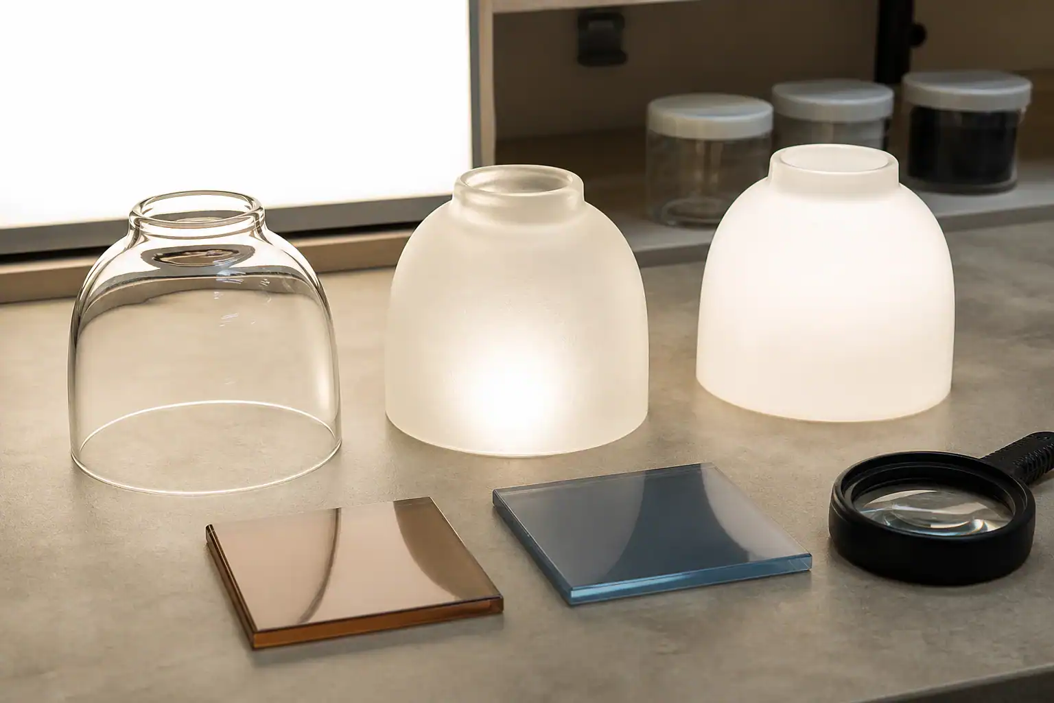 Clear, frosted, opal and colored glass finish samples under inspection light