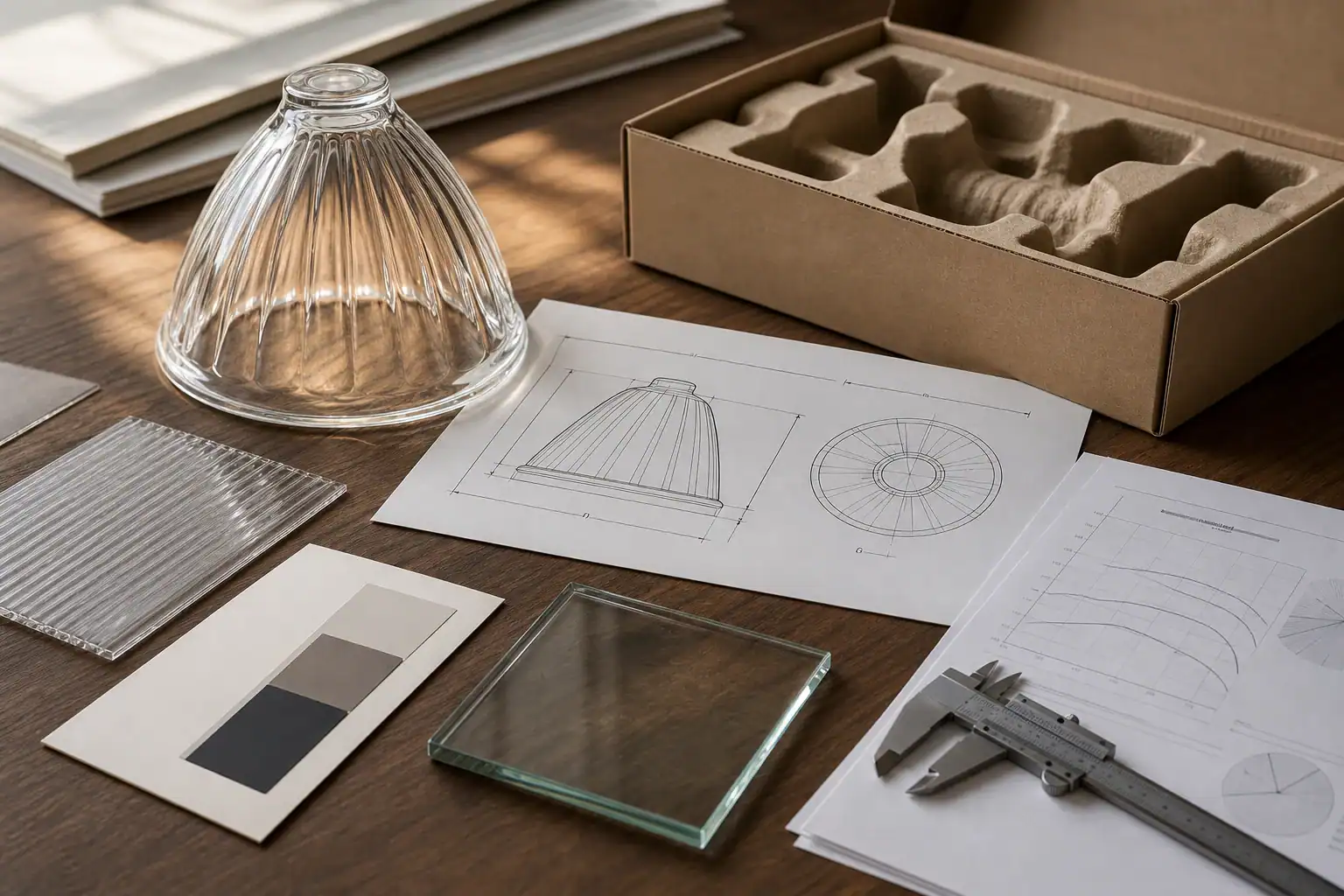 Glass shade sample, technical drawing, material coupon and test documents in a buyer review pack