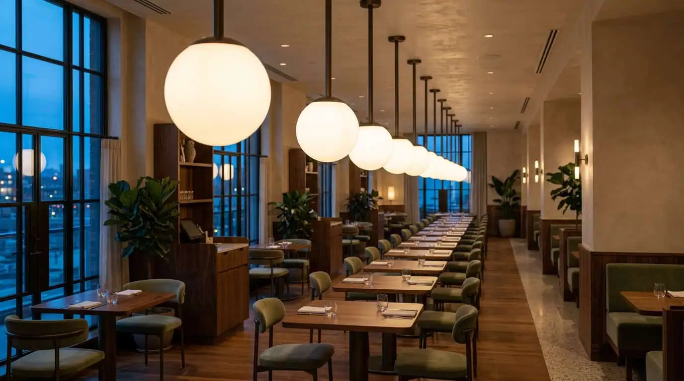 Modern restaurant interior with hanging glass lampshades and ambient lighting.