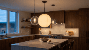 Modern kitchen with glass pendant lampshades and wooden cabinets.