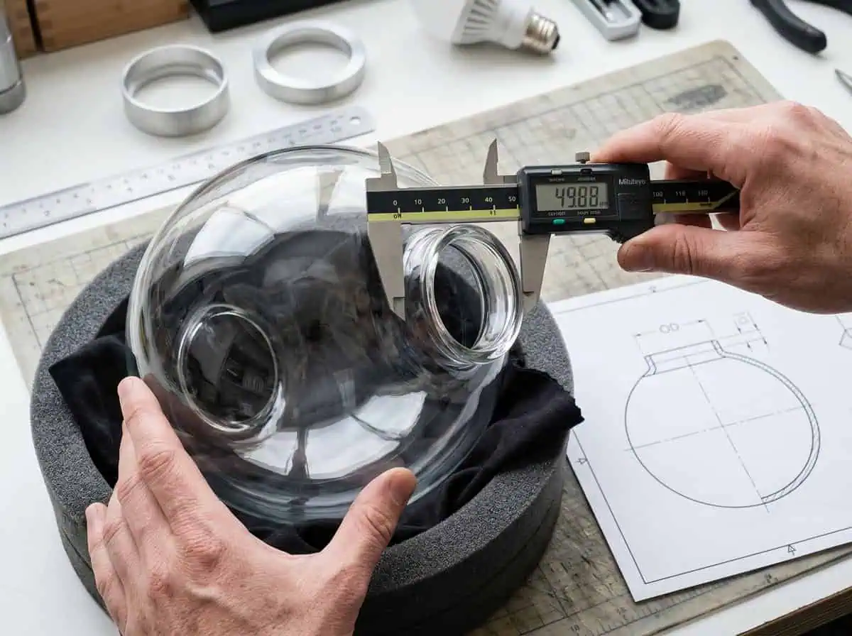 Person measuring a glass lampshade with digital caliper for quality control.