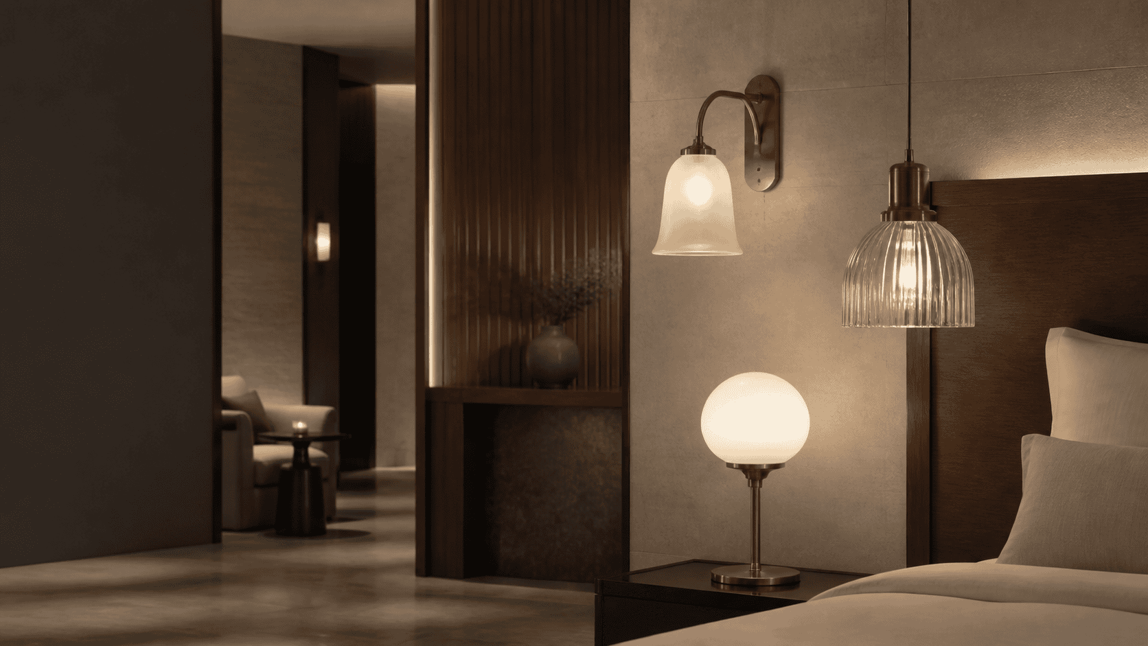 Stylish glass lampshades in a contemporary bedroom setting.