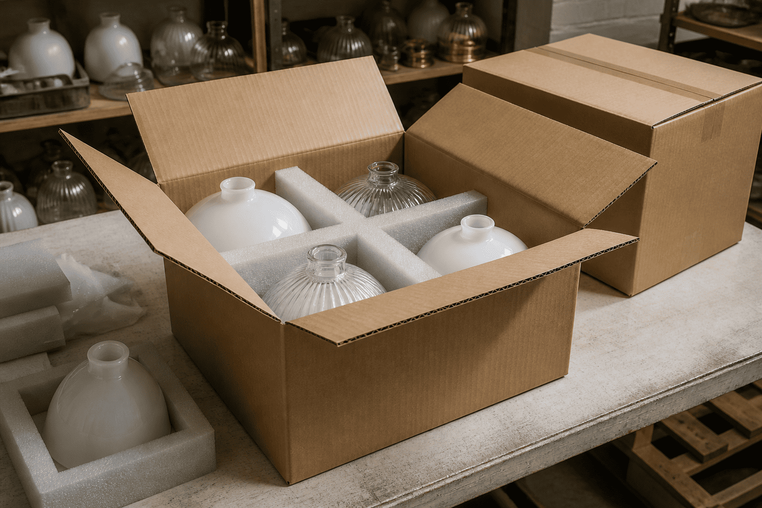 Glass lampshades in protective packaging for safe shipping and delivery.