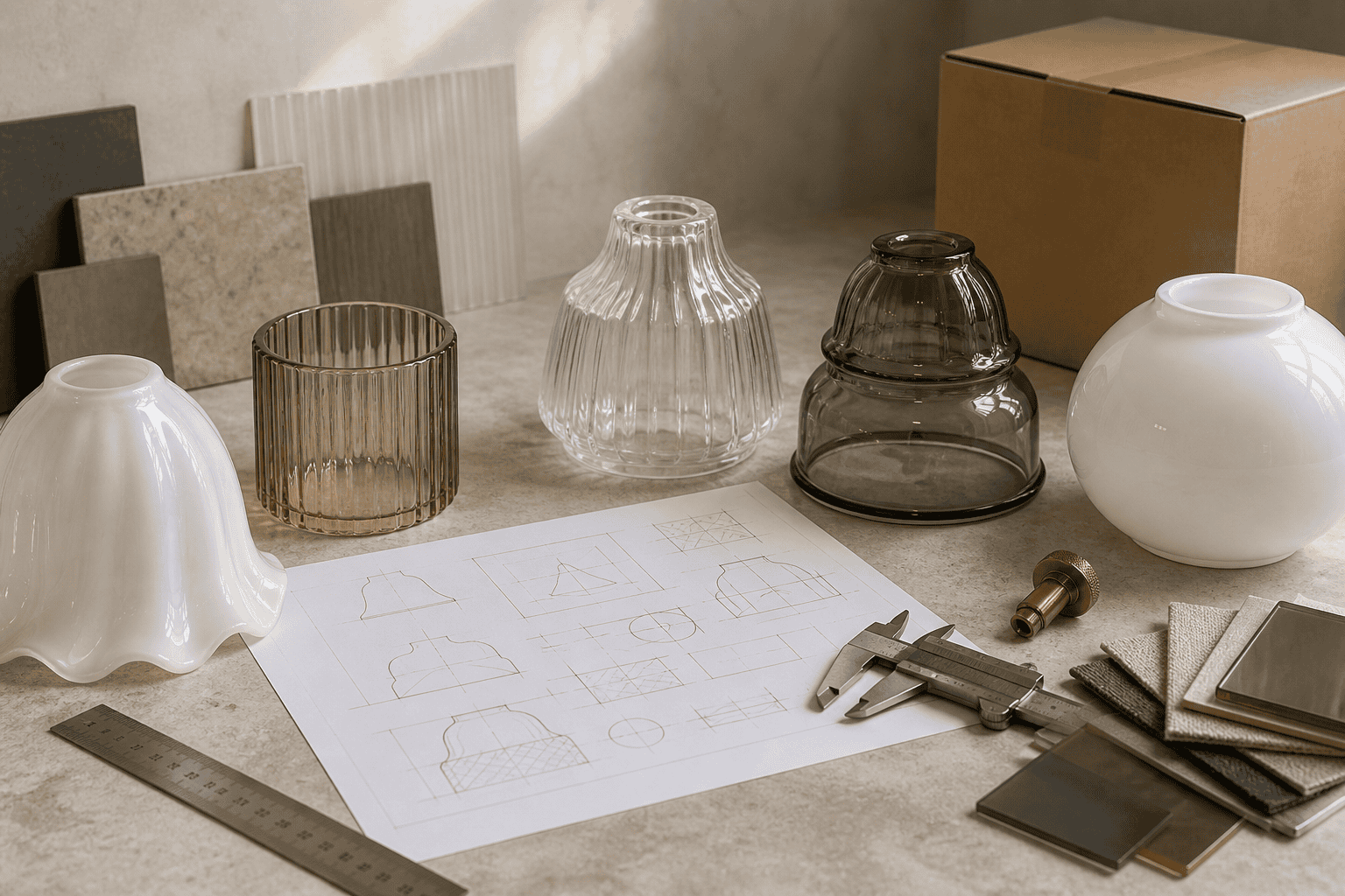 Various glass lampshades and design sketches for custom lighting solutions.
