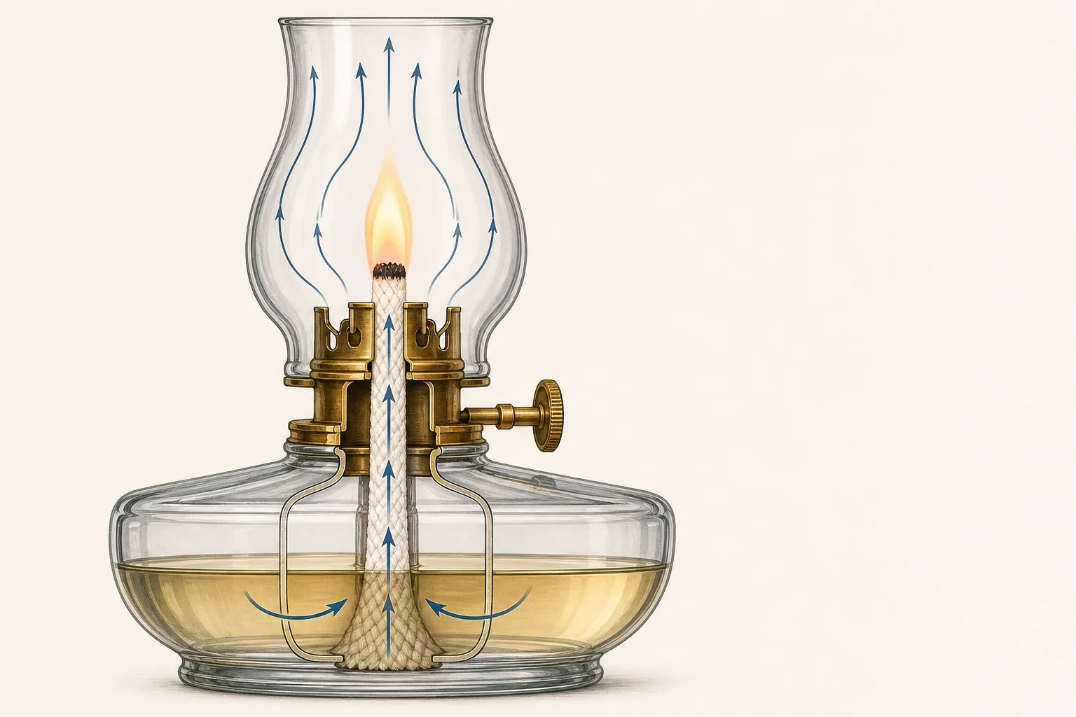 Cutaway illustration showing fuel rising through a flat wick and airflow moving through a clear oil lamp chimney