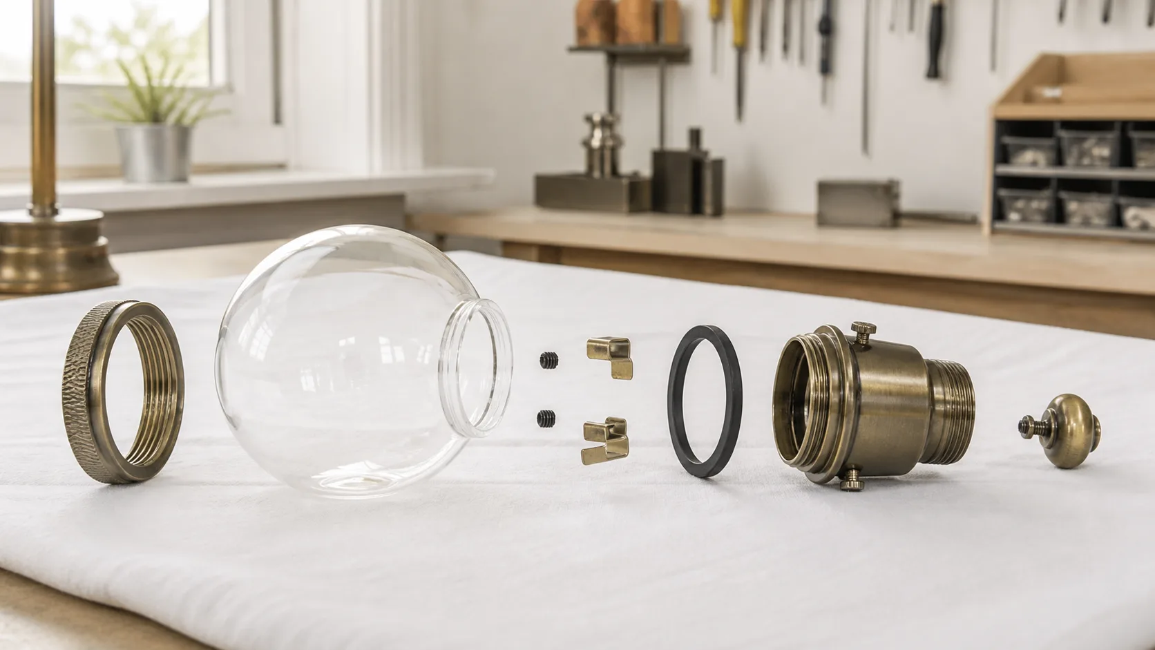 Disposition éclatée mais physiquement plausible d'une bague filetée, d'un globe en verre, de vis de fixation, de clips à ressort, d'un joint, d'un support et d'une pomme sur un établi technique