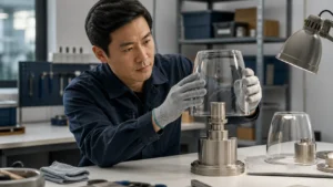 Abat-jour en verre transparent coincé sur un support métallique tandis qu’un technicien soutient l’abat-jour froid sur un banc d’atelier propre